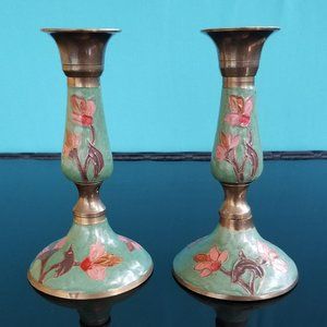 Set of two brass with enamel candle holders